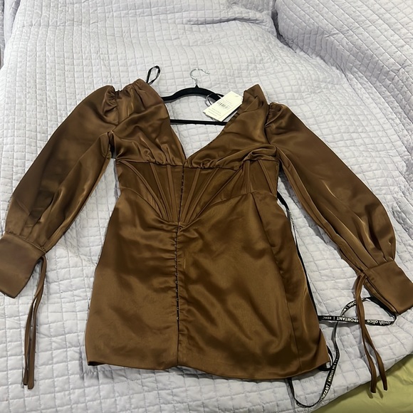 Lavish Alice nevaeh satin balloon sleeve corset mini dress in chocolate brown - Picture 4 of 7